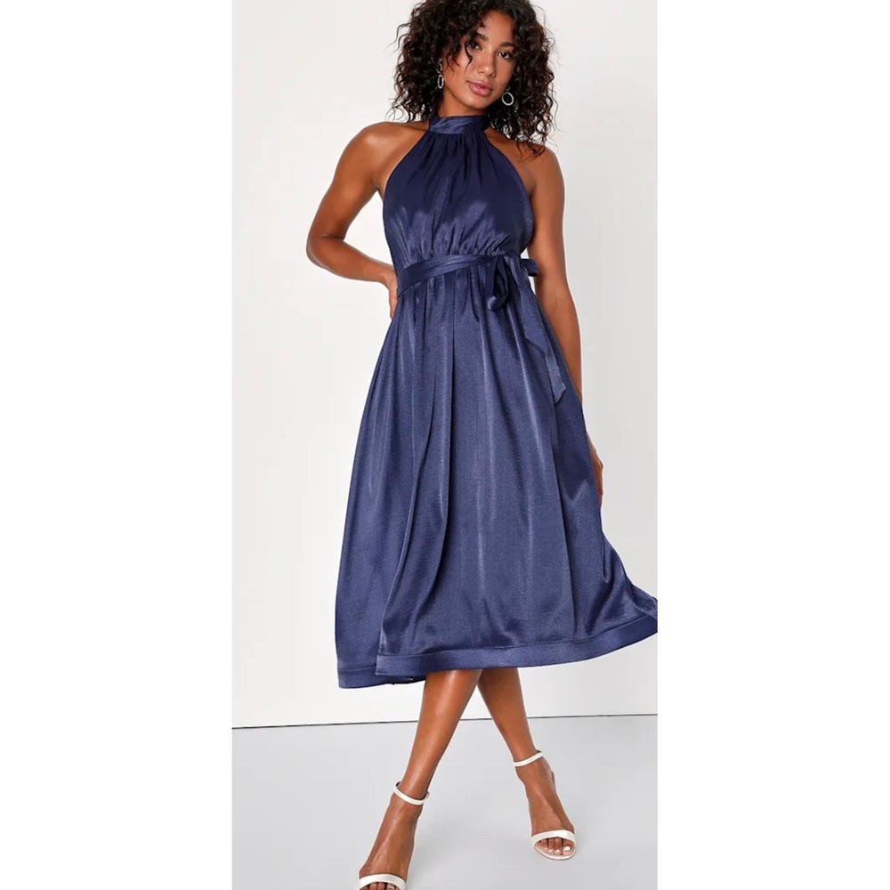 Lulus Effortless Grace Navy Blue Organza Halter Midi Sizes XL NEW.